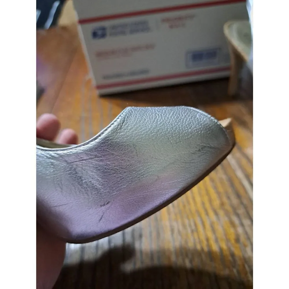 Size 9M Guess Silver Sling Back Peep Toe Cork High Heel Dress Shoes